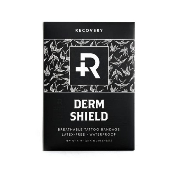 Recovery Derm Shield Tattoo Aftercare Bandages - Transparent, Waterproof Adhesive Bandages - 25.4 x 35.56 cm, 10 Pack