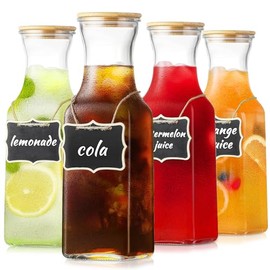Lacusmall Set of 4 Glass Carafe-Square, 1 Liter Beverage Serveware Carafe with Bamboo Lid, Water Bottles, Clear Glass Pitchers for Mimosa Bar, Milk, Juice, Lemonade(4 Bottles)
