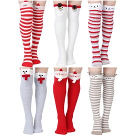 Suhine 6 Pairs Women Christmas Thigh High Fuzzy Socks Cute Cartoon over Knee Fluffy Striped Stockings Winter Leg Warmers