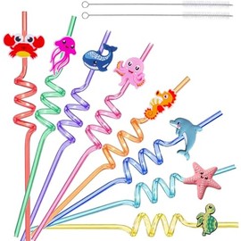16 Pieces Reusable Marine Animals Plastic Straws，Farm Animals Plastic Curly Drinking Straws Suitable for Family and Various Party Activities with 2 Pcs Cleaning Brushes (Marine Animals)