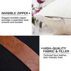 JOTOM Linen Faux Leather Patchwork Cushion Covers 40x40cm Stripe Patchwork Modern Throw Pillow Covers Farmhouse Decor Square Pillowcases for Outdoor Couch Bed Sofa Decor Set of 4 (Black/Cream White)