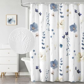 QiyI Long Shower Curtain 72 x 78, Watercolor Floral Shower Curtain, 3D Embossed Butterflies Grey Flower Cloth Bathroom Curtain, Waterproof Fabric Rustic Farmhouse Textured Bath Curtain Set with Hooks