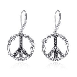 YFN Peace Sign Earrings Sterling Silver Hippie Peace Sign Leverback Dangle Drop Earrings Peace Sign Jewelry for Women Teens Girls, Sterling Silver, No Gemstone