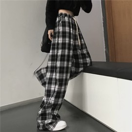 Grunge Plaid Pants Women Y2K Goth Alt Baggy Pants Aesthetic Drawstring Trousers Drawstring Fairycore Emo Clothes (Black,Large)