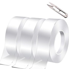 LSXD Cinta Doble Cara, 3 Rollos 5M Nano Tape Extrafuerte Reutilizable y Impermeable con Tijera, Tape Doble Cara Transparente para Pared, Cocina, Baño, Alfombra, Manualidades, Fijación de Fotos