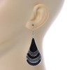Black Enamel With Glitter Element Teardrop Earrings In Silver Tone