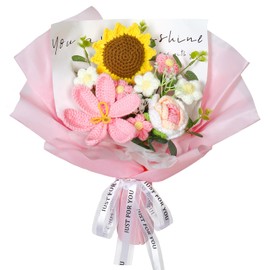 Weldomcor Crochet Flower Bouquet LED Tulips Roses Sunflowers Artificial Knitted Flowers Bouquet Pink Crocheted Yarn Floral Mother's Day Graduation Wedding Gifts Home Decor for Women Wife Lover