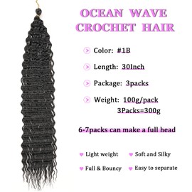 ZRQ 30 Inch Ocean Wave Crochet Hair 3 Packs 3 Tone Deep Wave Crochet Hair Wavy Bohemian Braiding Hair Long Deep Twist Crochet Hair Synthetic Hair Extensions #1B/27/613