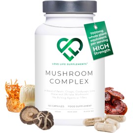 Mushroom Complex by LLS | Contains 1000mg Reishi, Chaga, Cordyceps, Lions Mane and Shiitake Mushrooms | 120 Capsules - 2 Month Supply | No Fillers | Vegan | Love Life Supplements