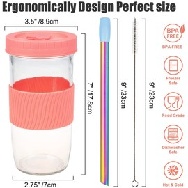 UHAPEER 2 Pack Reusable Boba Cup Bubble Tea Cups, 24 OZ Boba Tea Cup Boba Cups and Lids and Straw, Mason Jar Silicone Sleeve, Glass Iced Coffee Cup, Smoothie Cups with Lids, Glass Bottles for Juicing