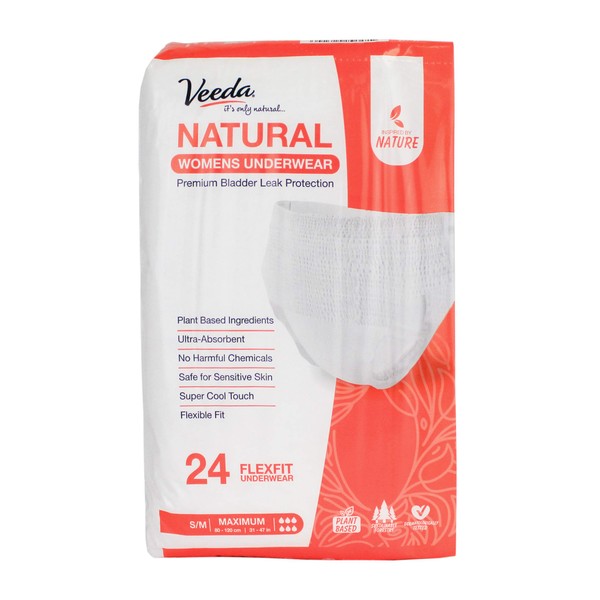 Veeda Natural Adult Incontinence Underwear for Women - Postpartum Underwear for Bladder Leakage Protection - Disposable Underwear with Maximum Absorbency - Small/Medium Size - 24 Count