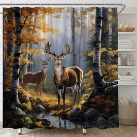 EVRCVAR Deer Forest Shower Curtain Autumn Birch Forest Elk Fall Rustic Farmhouse Cabin Animal Hunting Wildlife Camping Lodge Bathroom Curtain Fabric with Hooks(70" WX70 H)