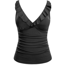 Women's Underwire Tankini Top Only - Tummy Control Bathing Suit Top Ruffle Swimsuit 2025 Black L