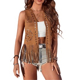 LYSINK Women's Fringe Vest 60s 70s Hippie Vest Open Front Sleeveless Cardigan Cowgirl Western Faux Suede Tassel Jacket Coat (Ba Brown, XL)