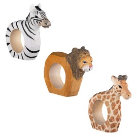your castle Napkin Rings, Hand Carved, Animal Design - Lion, Zebra, Giraffe, Set of 3, Made of Wood, Handpainted, Versatile, with Stable Base, 9 x 7 x 2 cm