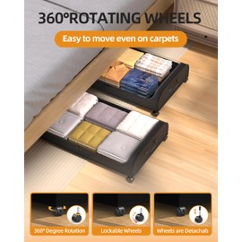 Yeebonix Under Bed Storage with Wheels, Curved Under Bed Storage Containers, 60L Under The Bed Storage Bins, Rolling Under The Bed Storage Metal Drawer for Clothes, Blankets, Shoes-Black