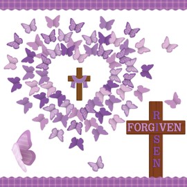 BeYumi Easter Cross Bulletin Board - 95Pcs Jesus Forgiven Risen Cross Christian Bulletin Border Set Purple 3D Butterfly Cutout Plaid Border Trim Sunday School Classroom Church Chalkboard Decoration