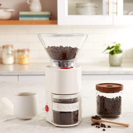 Bodum Bistro Electric Conical Burr Coffee Grinder, Preset Timer, 12 Grind Settings, White