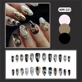 CJDLTS Press on Nails Almond Medium Gold Metal Butterfly Pattern Design Full Cover Glossy Artificial Fingernails Almond Shaped Acrylic Fake Nail 24Pcs Reusable Glue on Nails for Women