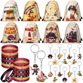 Talltalk 48 Pcs Pirate Party Favors Set Includes 16 Drawstring Bags Treasure Map Party Goodie Bags Stuffers Candy Treat Bag 16 Wristband 16 Keychain for Adventure Pirate Birthday Party Supplies Decor