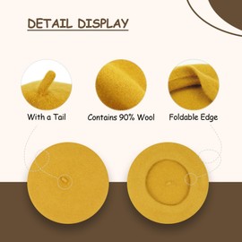 Gllutt Beret Hat Artist French Style Warm Thick 90% Wool Solid Color for Women (Yellow)