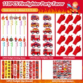 CHSLtmxq Firefighter Party Favors, 110 PCS Fire Truck Party Favors Set- Firefighter Party Stickers Slap Bracelets Drinking Straws etc Firefighter Themed Party Favors for Firefighter Birthday Party