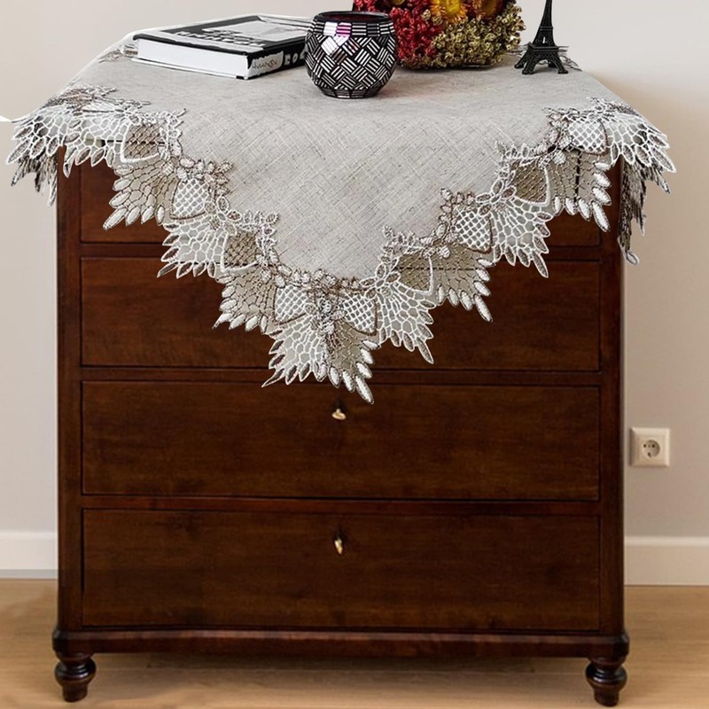 URROMA Linen Round Beige Table Cover with Lace Trim,Table Decor