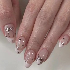 POKENGDA Almond Press on Nails Design,Nail glue included,Cute Acrylic Medium Fake Nails,Reusable French Acrylic Daily False Nail Kits for Women