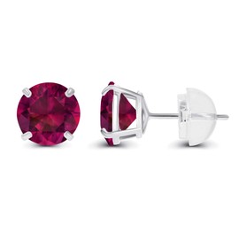 14K Solid White Gold 4mm Round Created Ruby July Birthstone Prong Set Stud Earrings For Women