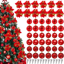 Threehoney 48 Pcs Large Christmas Ornaments Balls Poinsettia Tree Decorations Baubles Set 36 Christmas Ornaments Balls 12 Glitter Poinsettia Flowers Xmas Hanging Ornament(1.57'', 2.36'',Red)