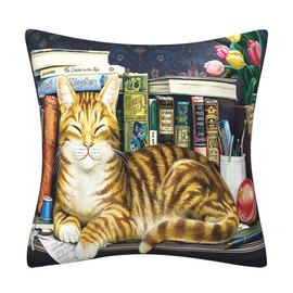 DILOXNSU Cat Cushion Covers 45 x 45 cm Napping Cats Books Flowers Velvet Square Double Sided Decorative Pillows Cover for Sofa Bed Home Garden Office Cushions Covers 18 x 18 inch