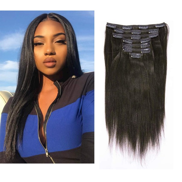 Anrosa Yaki Perm Clip in Hair Extensions Real Human Hair for Black Women Relaxed Hair for 7 Piece 120 Gram, Natural Color Hair 20 Inch