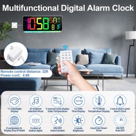 CYMHCHL Large Digital Wall Clock Large Display 11 Colors Available with Colorful Night Light Temperature Date Week DST Auto-Dimming Big LED Clock Count Up & Down Timer for Home Gym Office School