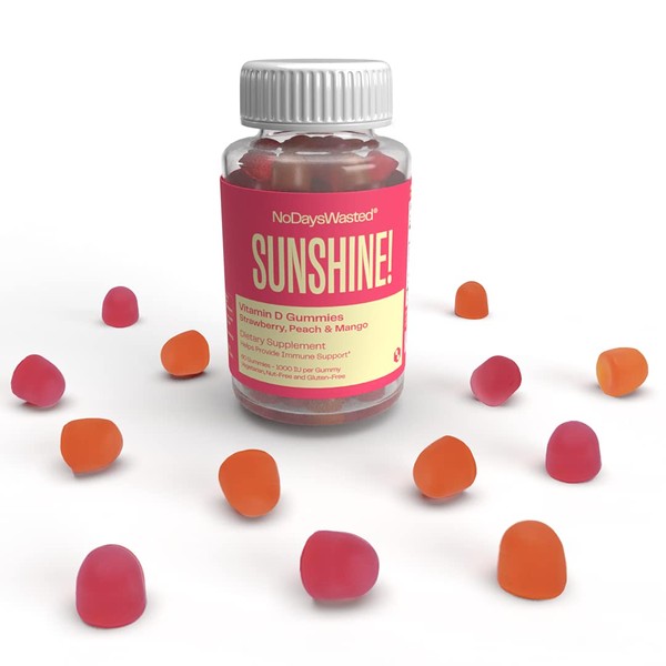 Vitamin D Sunshine Gummies - No Days Wasted - 60 Count - Vitamin D3 Gummy 1000 IU - Help Support Strong Immune System - Chewable Strawberry, Peach and Mango Flavor - Vegetarian, Nut Free, Gluten Free