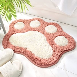 Paw Shaped Bathroom Rug Non-Slip Bath Mat 17.7 x 23.6, Soft Microfiber Water Absorbent Thick Shaggy Shower Rug, Machine Washable Bath Rug for Bathroom, Pink