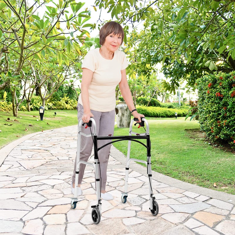 GYMAX Walkers for Seniors, 2-Button Folding Walker with 5 Inches