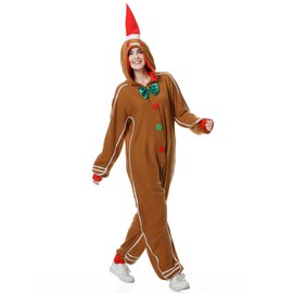 GRAJTCIN Women's Gingerbread Man Costume Christmas Onesie Pajamas One Piece Xmas Hooded Jumpsuit Cosplay Party Outfit - Small