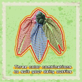 Pleated Bow Hair Scrunchies with Gold Stars, Satin Hair Ties for Ponytail, Pink Blue Green, 13.78 Inch Long