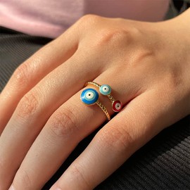 Evil Eye Wrap Open Rings for Women Girls 18K Gold Plated Red Blue Twist Statement Fashion Stackable Adjustable Finger Bands Turkish Faith Protection Good Lucky Eternity Jewelry Gifts Birthday Xmas