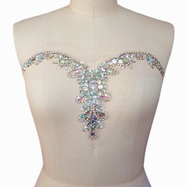 Handmade Beaded V-Neck Sequin Sew On Neckline Rhinestone Crystal Trim Bridal Applique Design Patch Sewing for Wedding Dresses DIY Belt Decoration (AB)