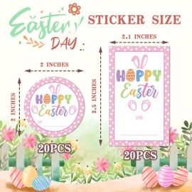 Easter Bunny Stickers, Happy Easter Stickers for Kids, Bunny Ear Label, Self-Adhesive Stickers for Easter Holiday Party Gift Bags Snack Bags, 20 Round and 20 Square Stickers-C03
