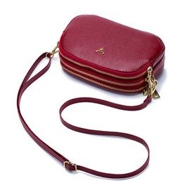 Triple Zip Small Crossbody Bags Genuine Leather Shoulder Handbags Trendy Design Cellphone Purses for Women and Girls(wine)