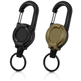 XUZOPIM Pack of 2 Key Chains Extendable Lanyard ID Retractable Key Ring Retractable Key Fob with Steel Wire Rope ID Holder with Carabiner (Black and Khaki), black