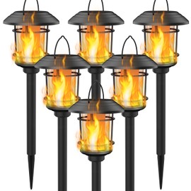 Dynaming 6 Pack Solar Flame Torch Lights Outdoor, Halloween Dual Use Flickering Flame Garden Light, Christmas Hanging Lanterns, Auto On/Off & Waterproof Lighting for Lawn Patio Yard Walkway Driveway