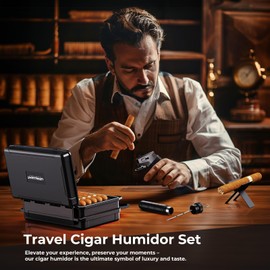 Travel Cigar Humidor Case Set, Double-sided Design, with Cigar Lighter Built-in V Cutter, 2-in-1 Cigar Draw Enhancer/Punch Tool, Cigar Holder, Humidifier&Hygrometer, Cigar Accessories Gift Kit for Men