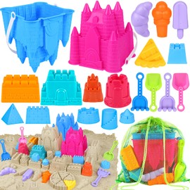 FUSPWEAO Beach Toys Sand Toys for Kids, Sand Castle Toys for Beach with 2 Castle Bucket and Mesh Bag, Sand Molds, Shovels and Rakes, Sandbox Toys for Toddlers, Travel Beach Toys for Kids 3-10