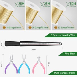 3 Rolls 18/20/22 Gauge Craft Wire for Jewelry Making Aluminum Wire with Ring Sizer Pliers for Jewelry Making(Gold)