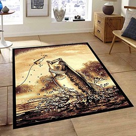 Champion Rugs Fishing Bass Mouth Lodge Cabin Area Rug Living Room Bedroom (5’ 3” X 7’ 5”)