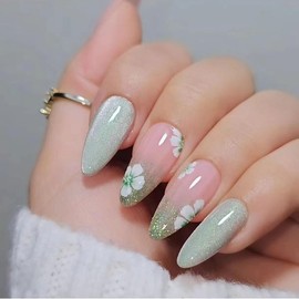Almond Press on Nails Medium Fake Nails Green False Nails with Design Cute Flower Stick on Nails Full Cover Glossy Acrylic Glue on Nails Christmas Artificial Nails for Women Manicure 24Pcs