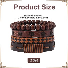 CALFOVERA 4 Styles Braided Leather Wrist Cuff PU Adjustable Leather Wrap Bracelet Hexagram Ethnic Tribal Black Brown Woven Wrap Natural Wood Beads Wristbands Arm Armor for Men Women Findings